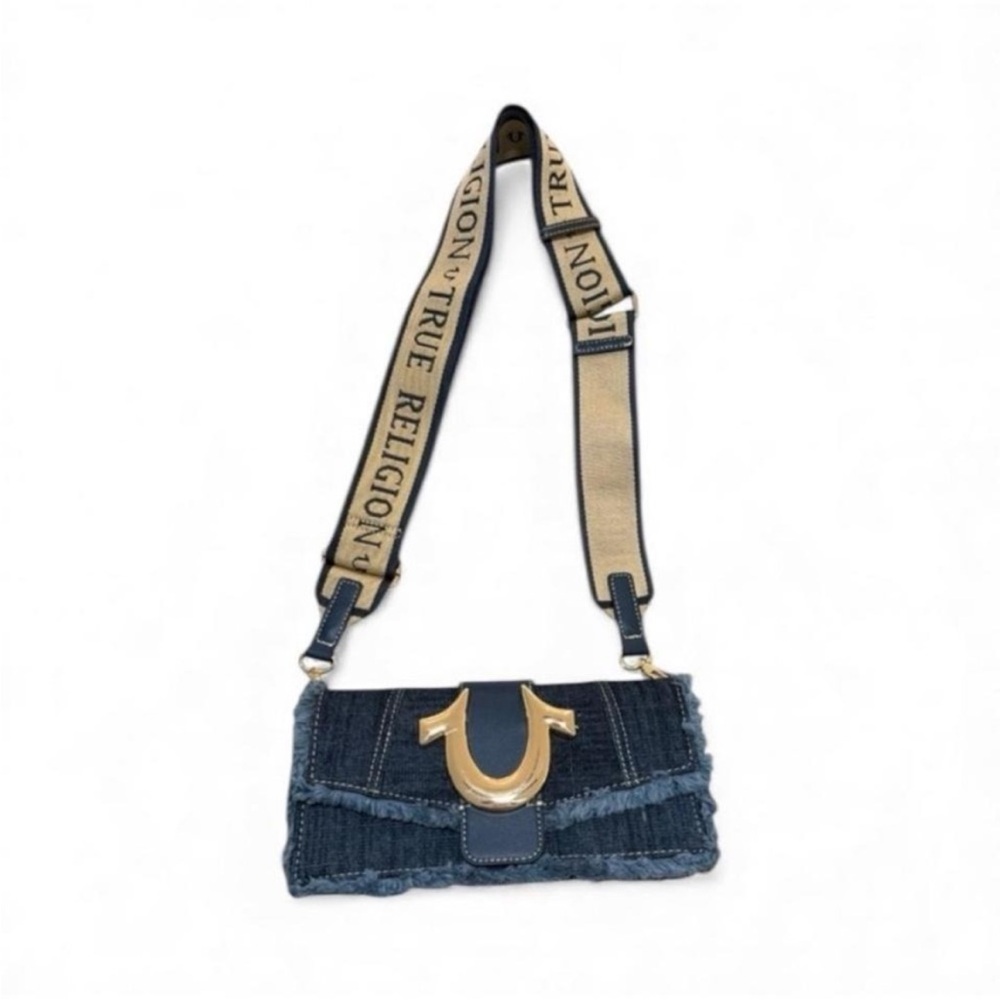 True Religion Blue Denim Bag with Gold Logo